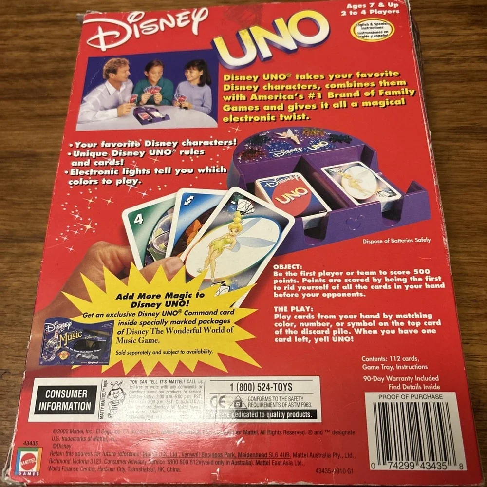Mattel Disney Uno Game with Lights & Sound Tested/Working - 112 Original Cards